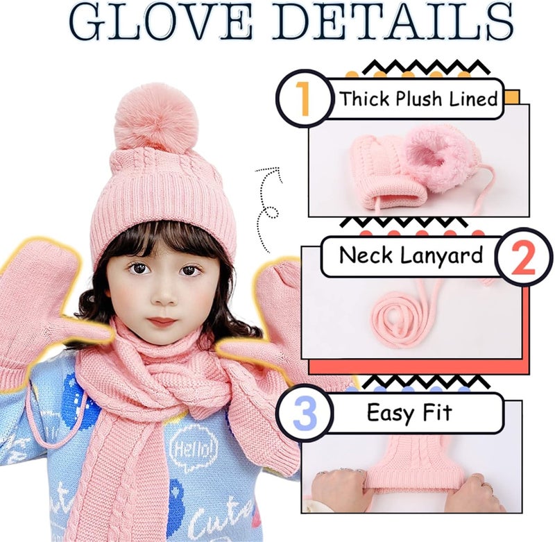 Peecabe Kids Winter Hat Scarf Mittens Set Toddler Knitted Beanie Girls Fleece Children Neck Warmer Boys Warm Gloves 2-7 Years - Image 4